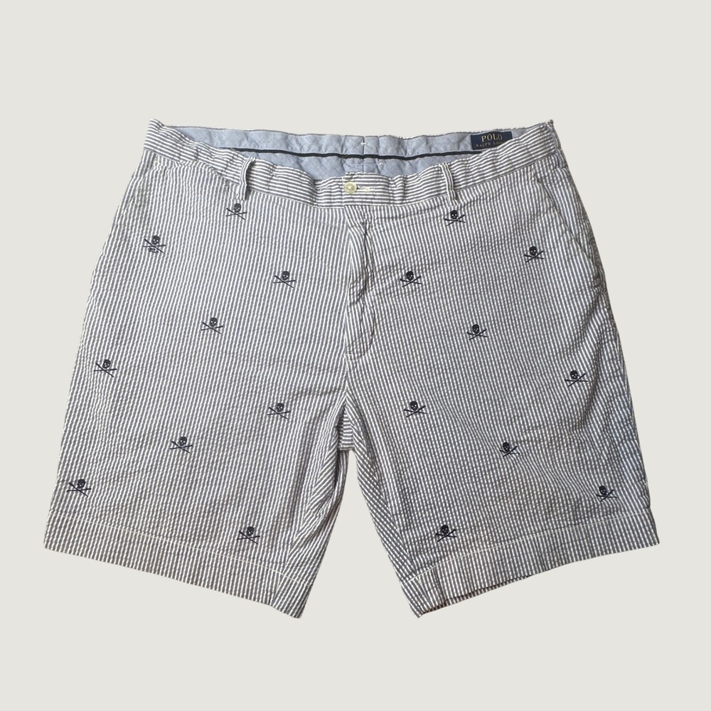 Polo Ralph Lauren Shorts Mens 40 Stretch Classic Fit Blue Seersucker Skull